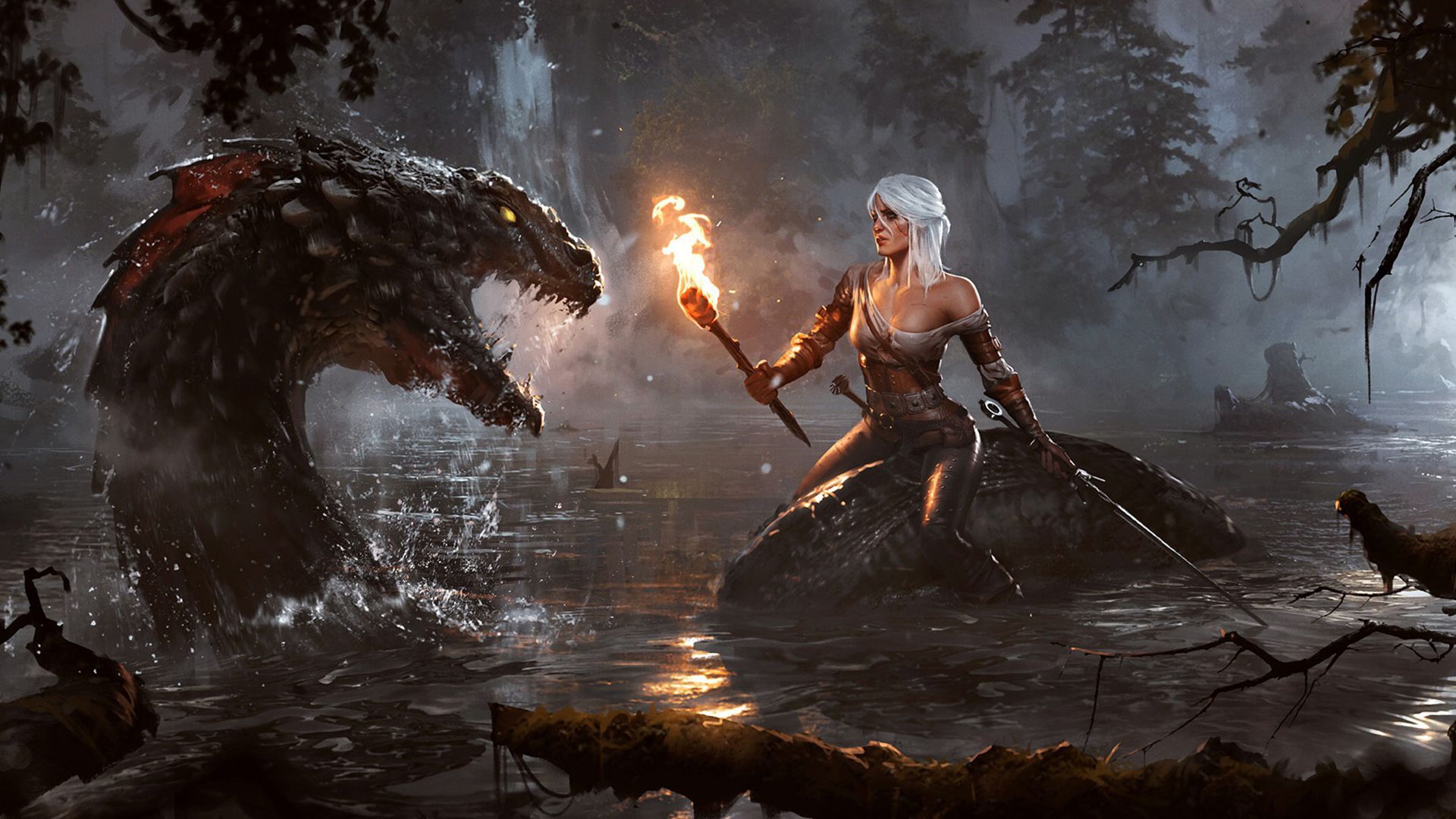 Ciri con torcia contro mostro, 1920x1080 Full HD, Desktop
