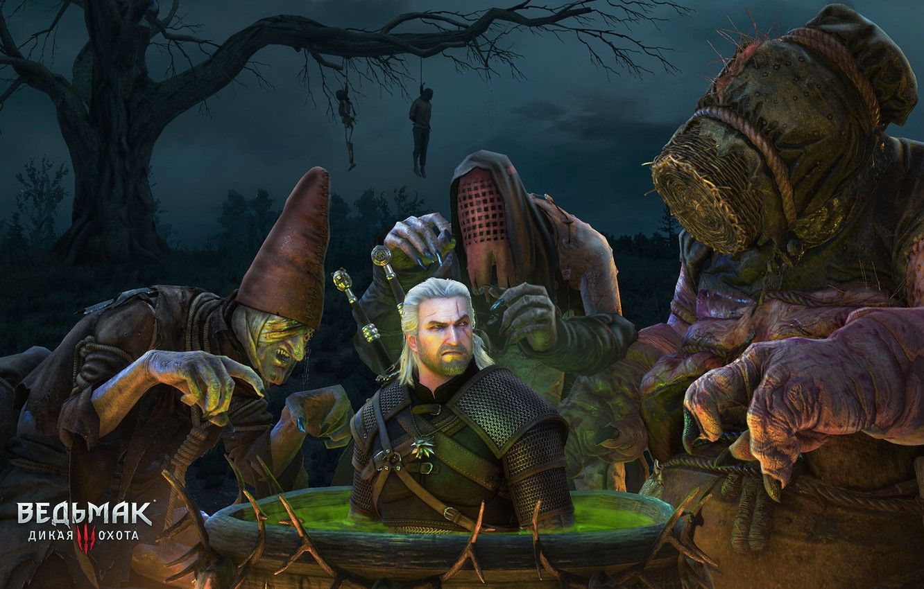 Geralt strega calderone notte, 1332x850 HD, Desktop