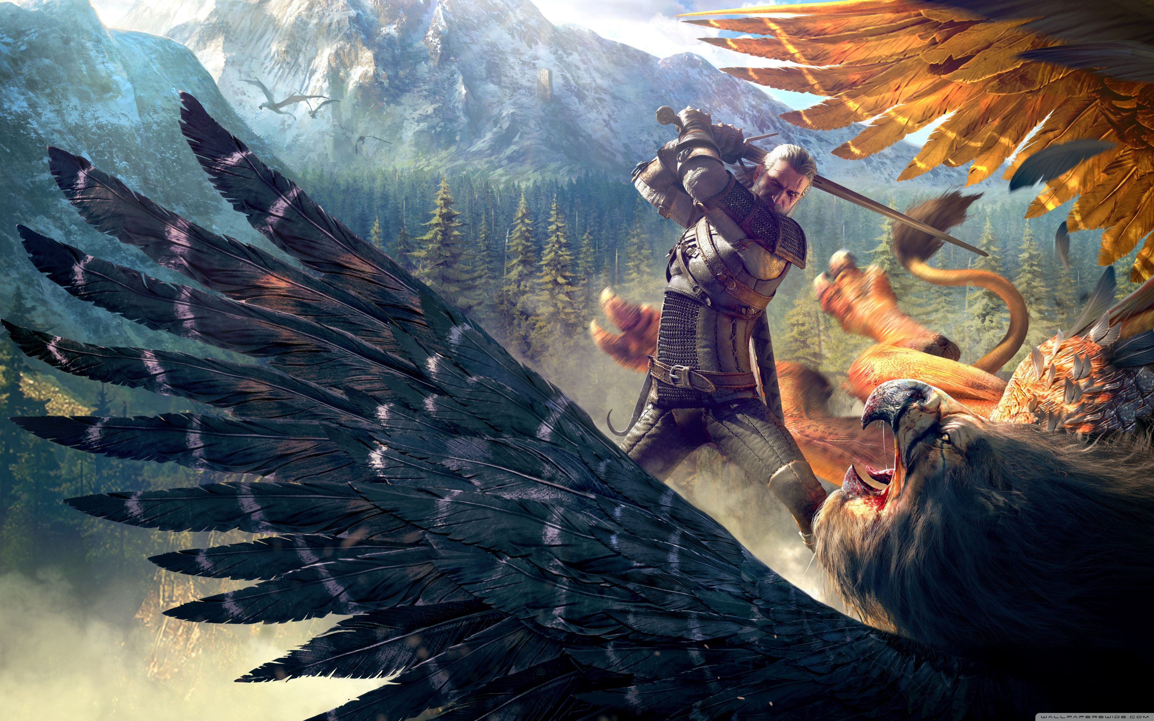 Geralt combatte grifone montagne, 3840x2400 4K Ultra HD, Smart TV 4K
