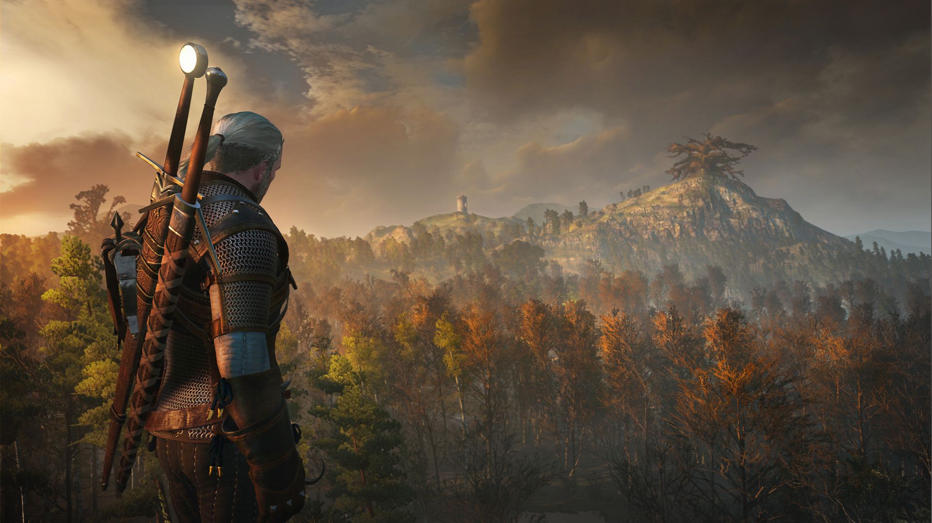 Geralt guarda paesaggio boschivo, Geralt di Rivia, 1922x1080 Full HD, Desktop
