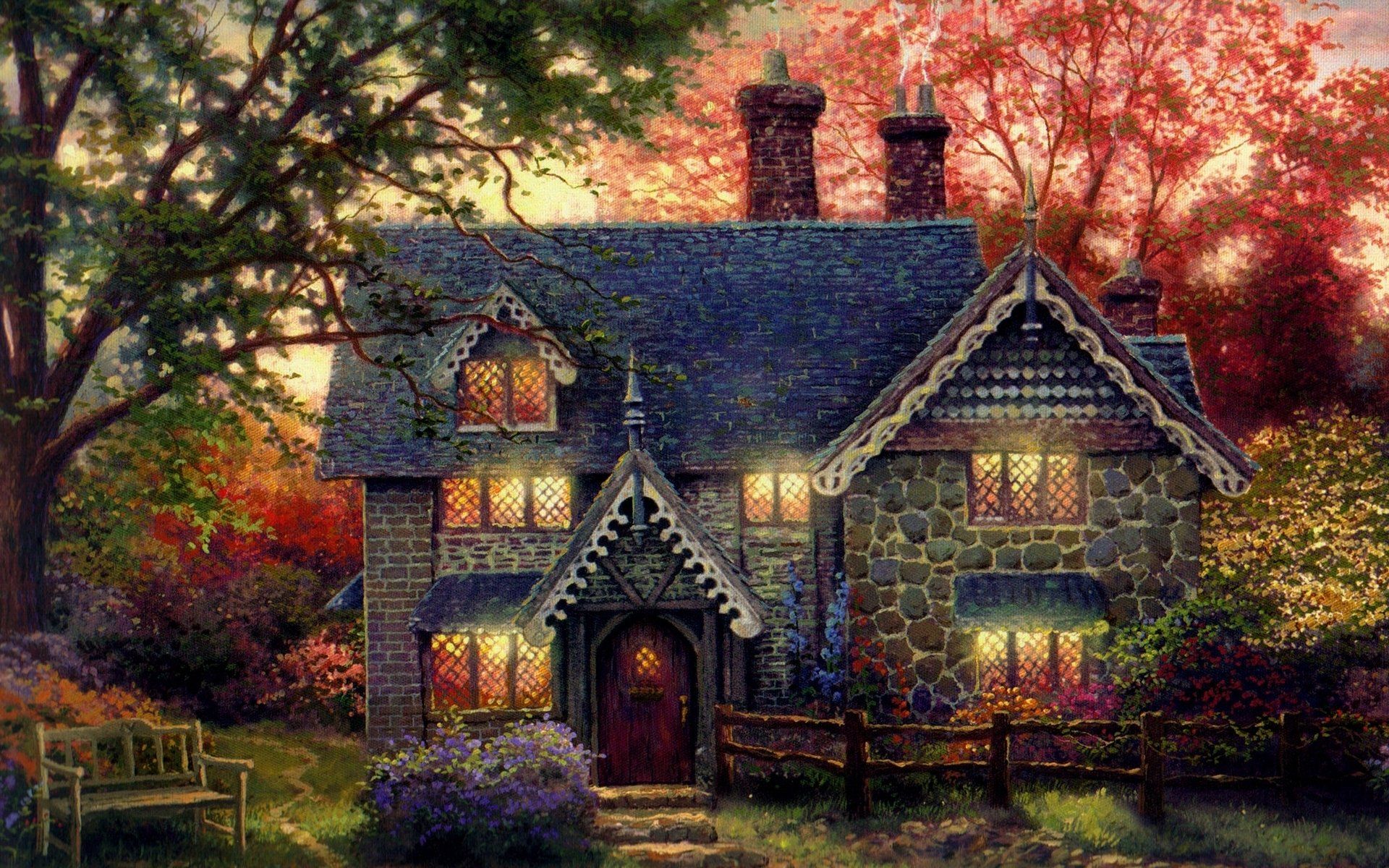 Cottage autunnale con ponte, 1280x960 HD, Desktop