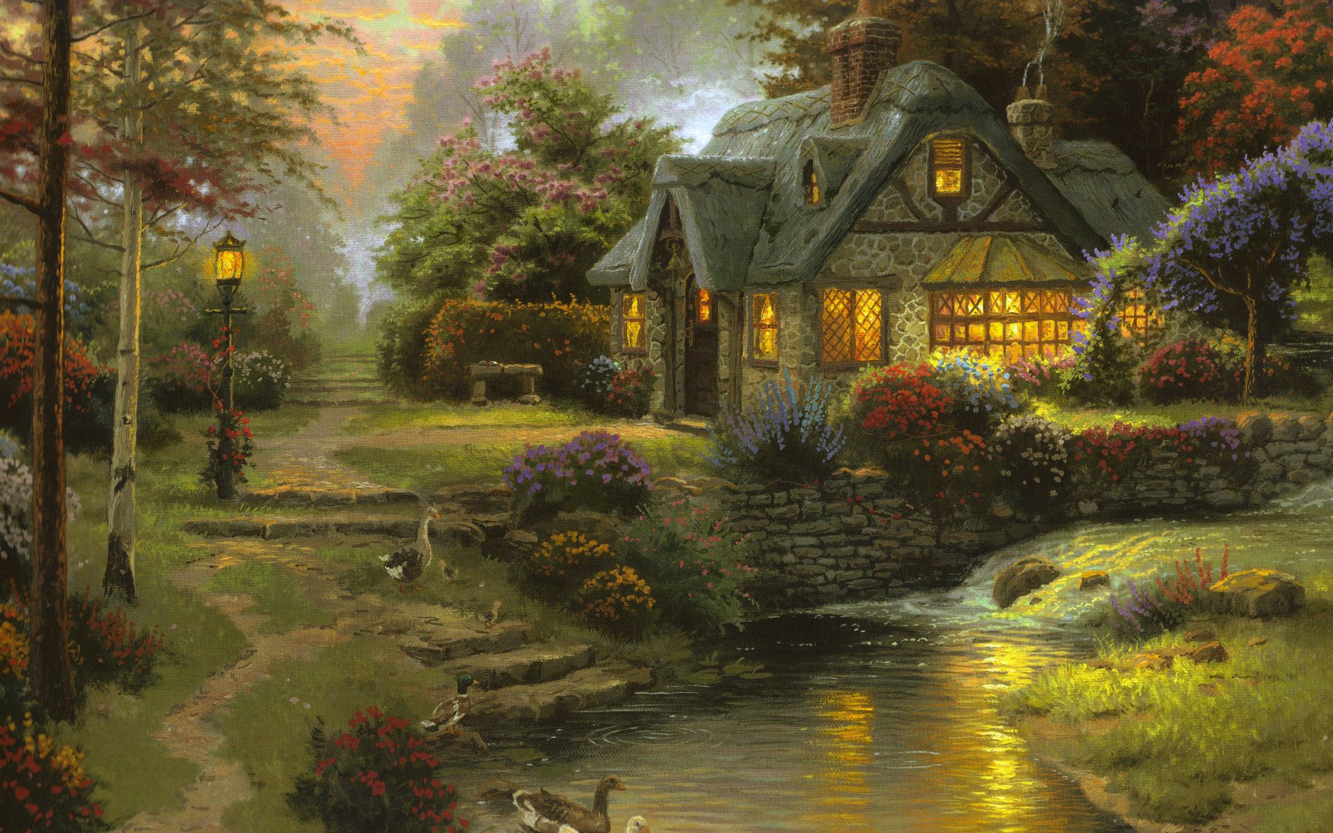 Cottage autunnale Thomas Kinkade, 1920x1200 Full HD+ WUXGA, Desktop