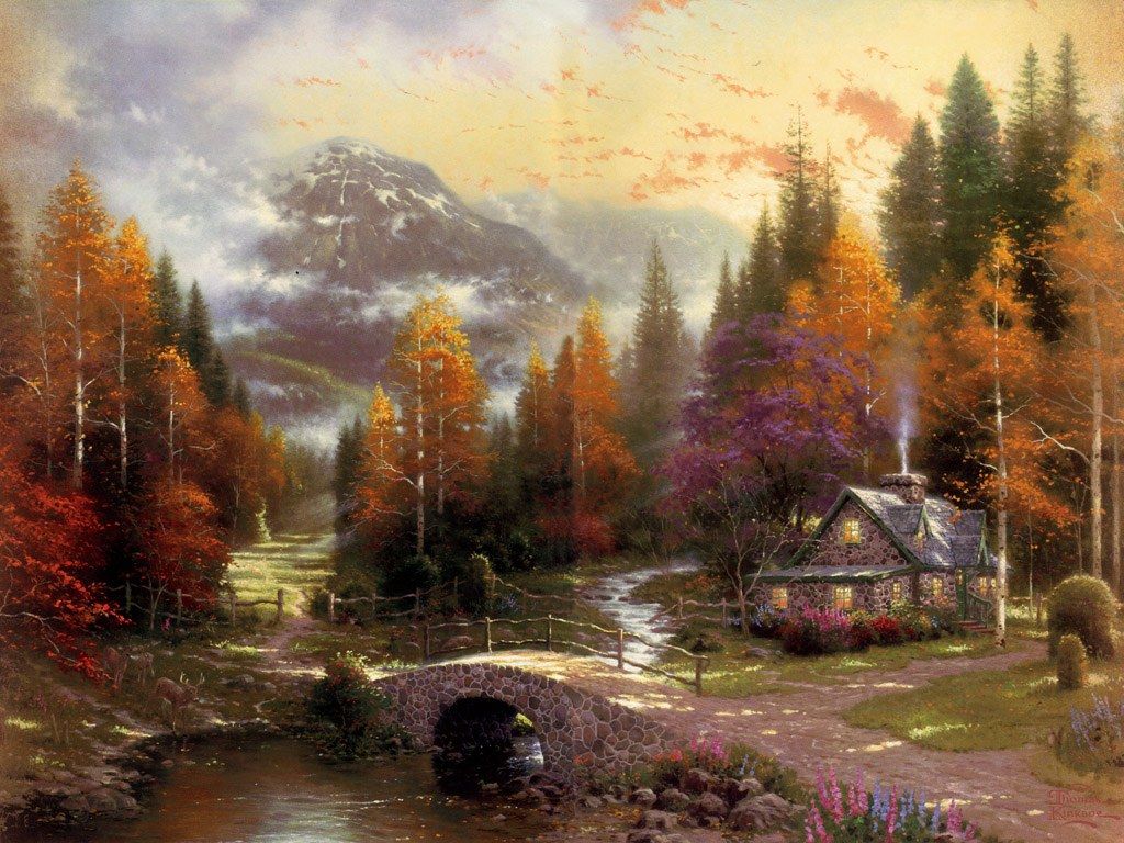 Cottage autunnale con montagne, 1024x768 HD, Laptop