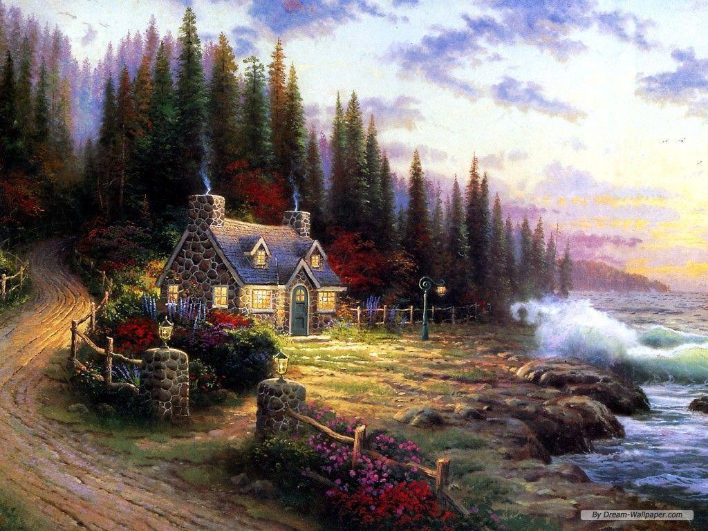 Cottage autunnale con ruscello e cervi, 1332x850 HD, Desktop