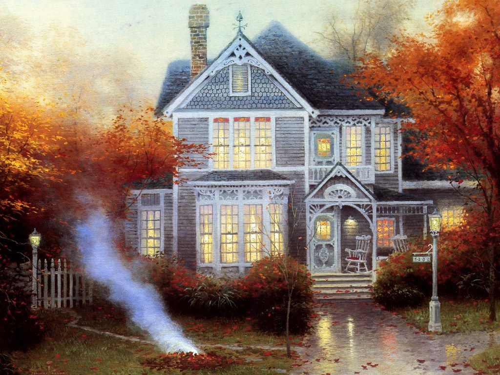 Cottage autunnale Thomas Kinkade, 1024x768 HD, PC