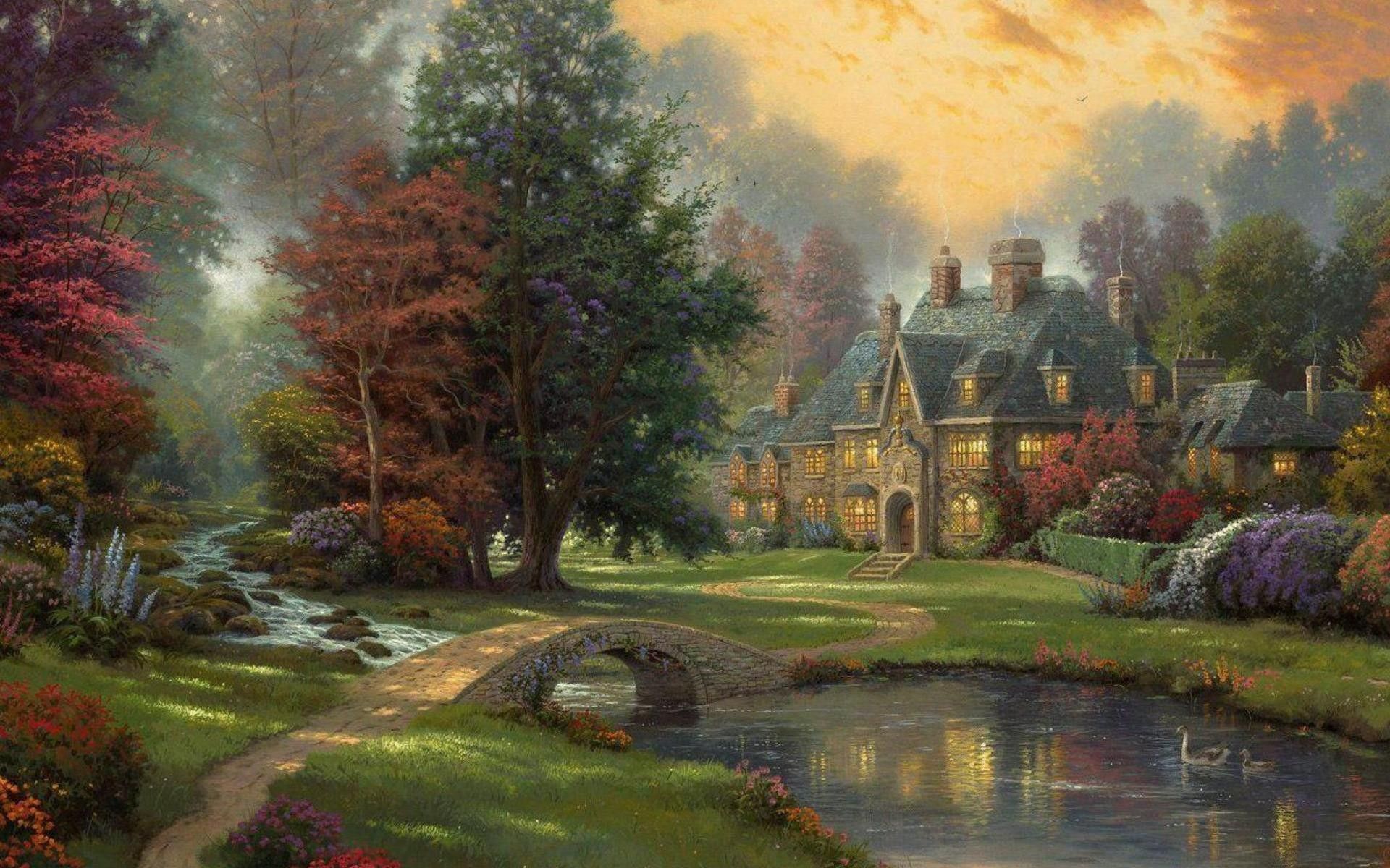 Cottage autunnale con ponte e stagno, 1920x1200 Full HD+, PC Desktop