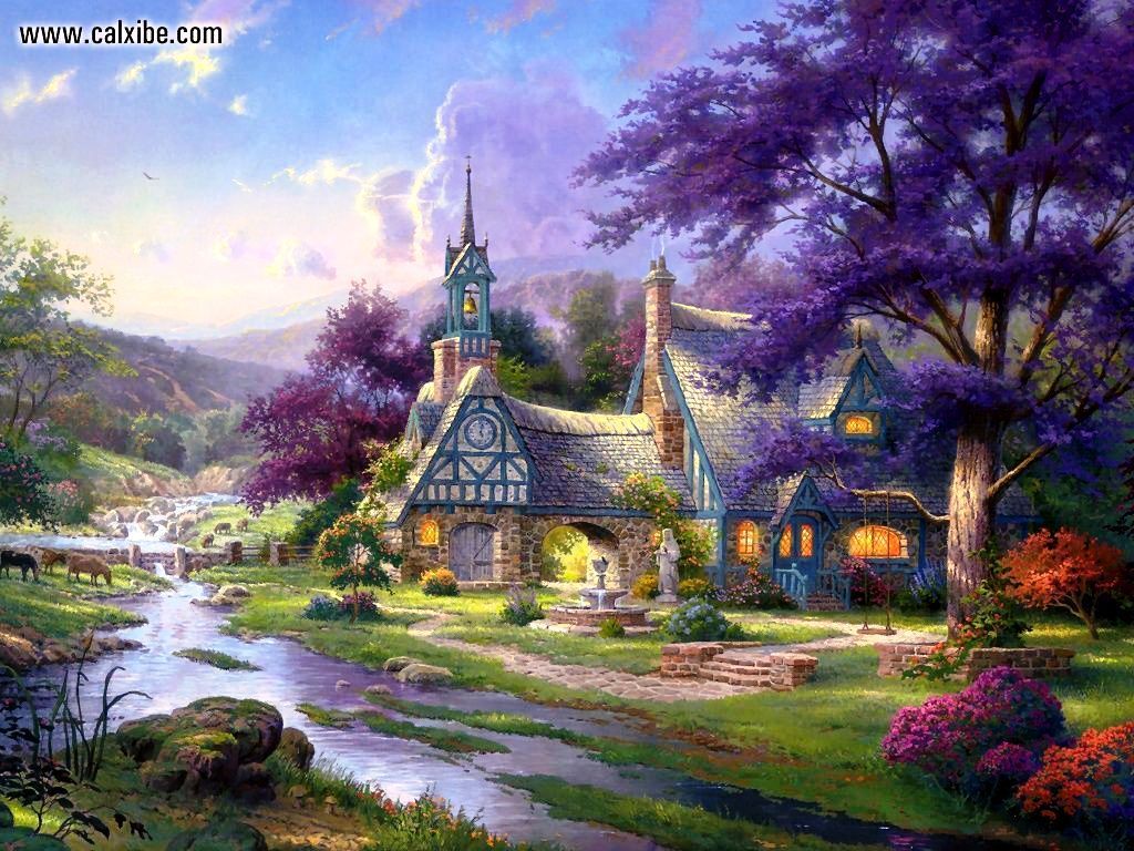 Cottage autunnale dipinto Kinkade, 1024x768 HD, Desktop