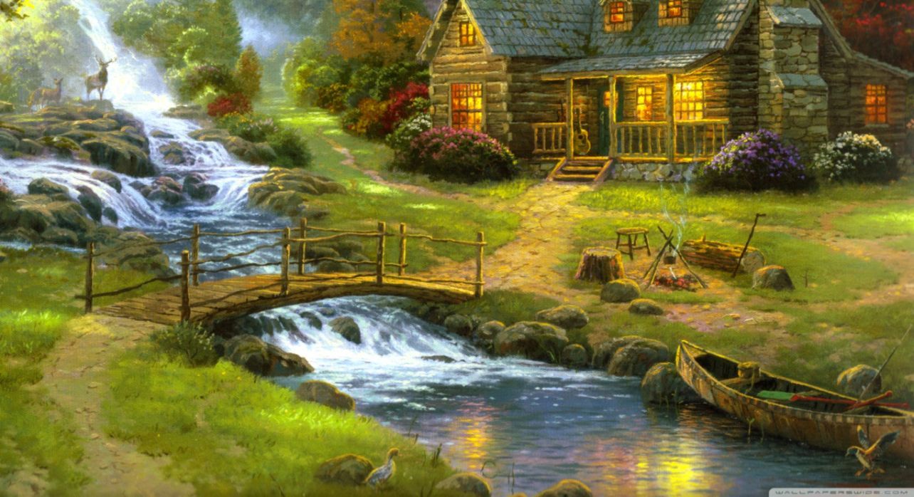 Cottage autunnale con cascata, 1920x1080 1080p, Desktop