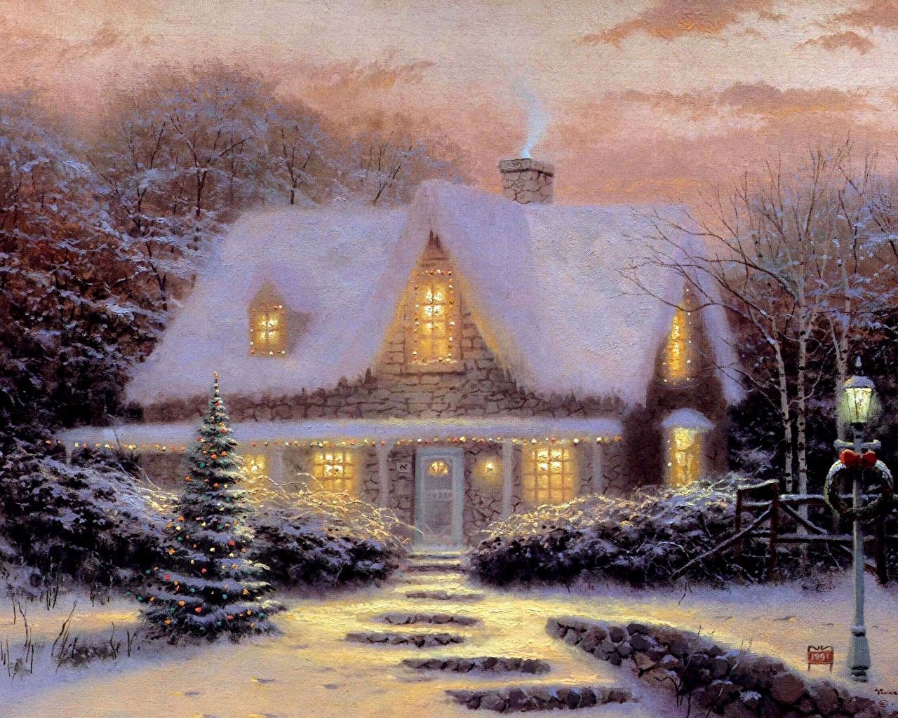 Cottage natalizio innevato illuminato, 1280x1024 HD, Desktop