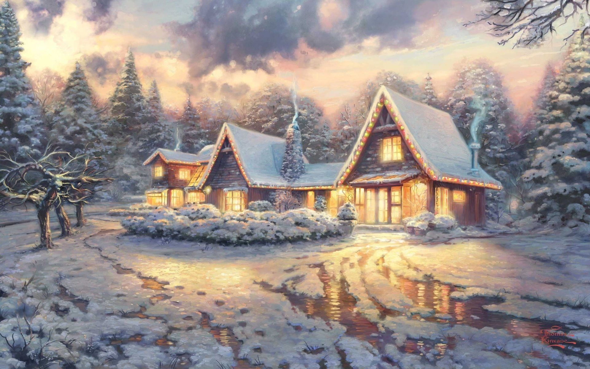 Cottage innevato natalizio Kinkade, 1920x1200 WUXGA, Desktop