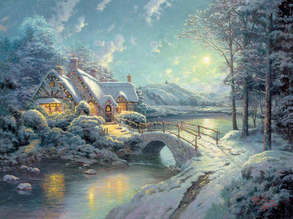 Cottage natalizio innevato, ponte fiume, 1024x768 HD, Desktop