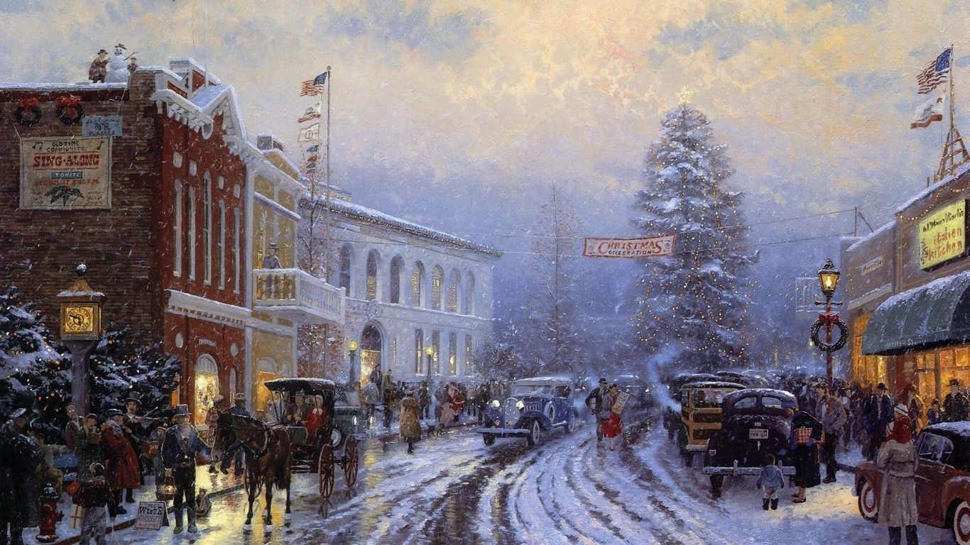 Cittadina natalizia innevata dipinta, 1366x768 720p, Laptop
