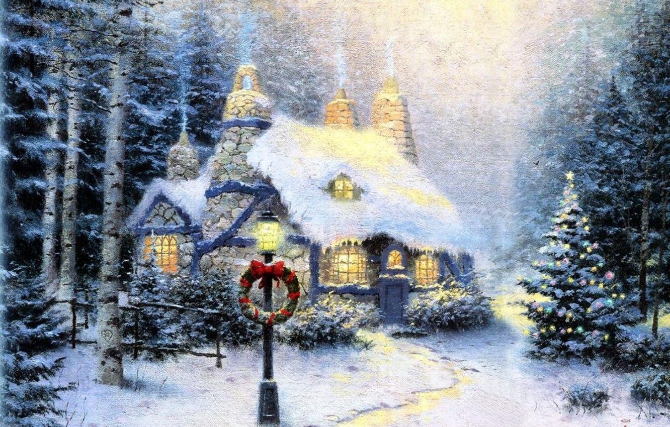 Cottage natalizio innevato illuminato, 1332x850 720p, PC