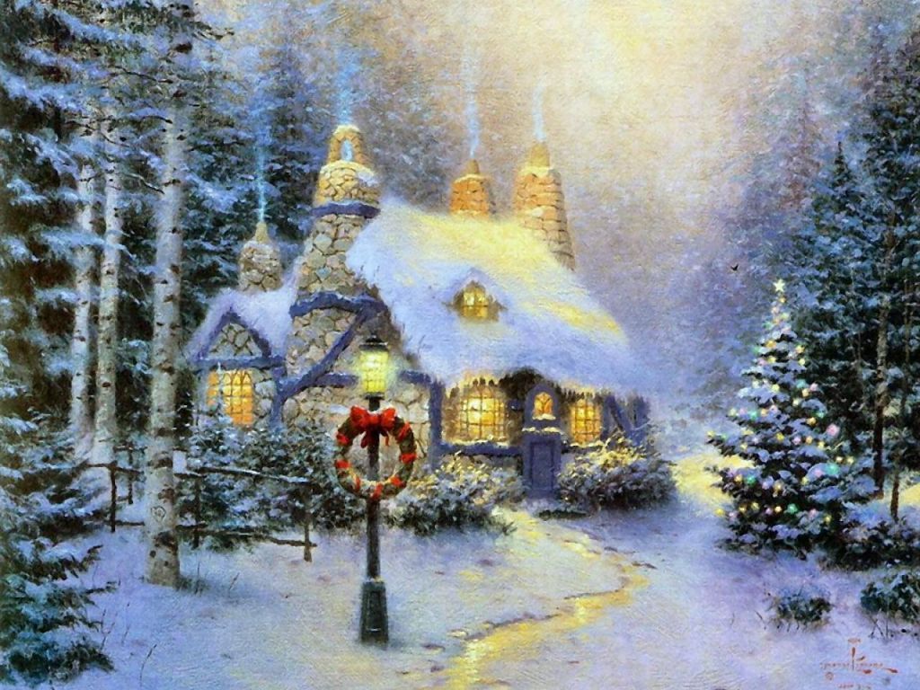 Cottage innevato natalizio Kinkade, 1024x768 HD, iMac