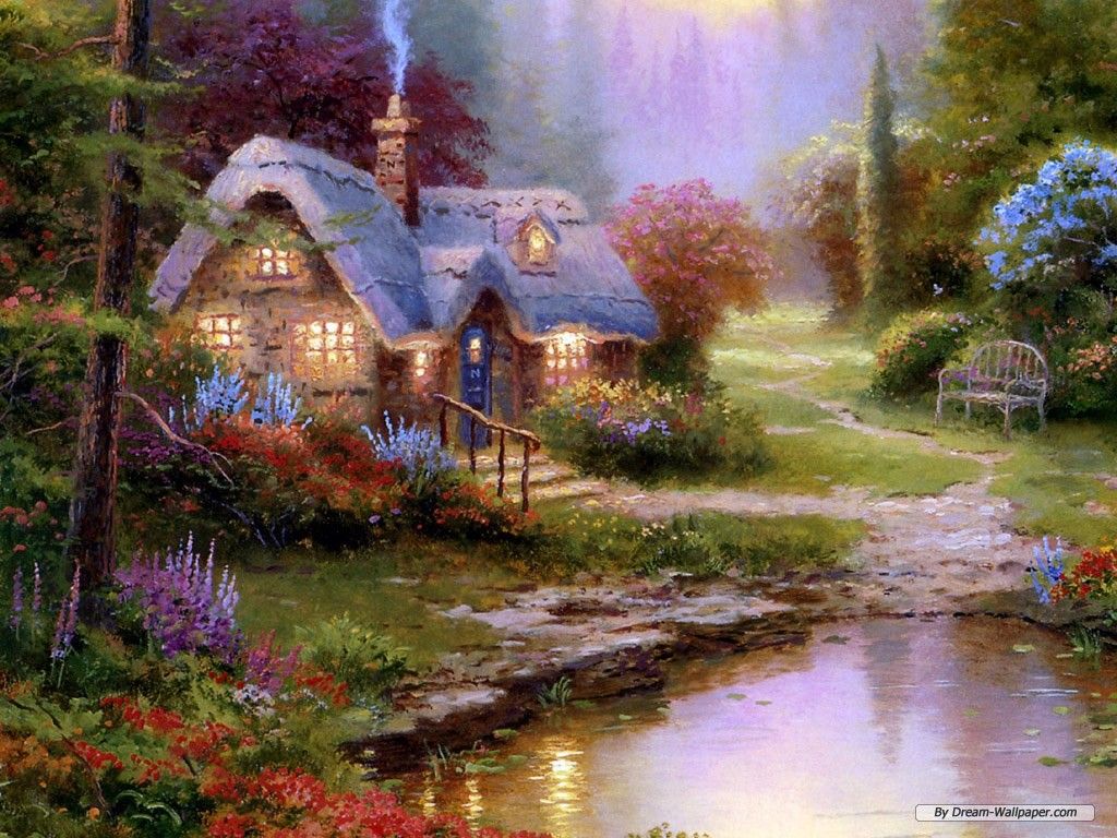 Cottage Thomas Kinkade giardino fiorito, 1024x768 HD, Desktop
