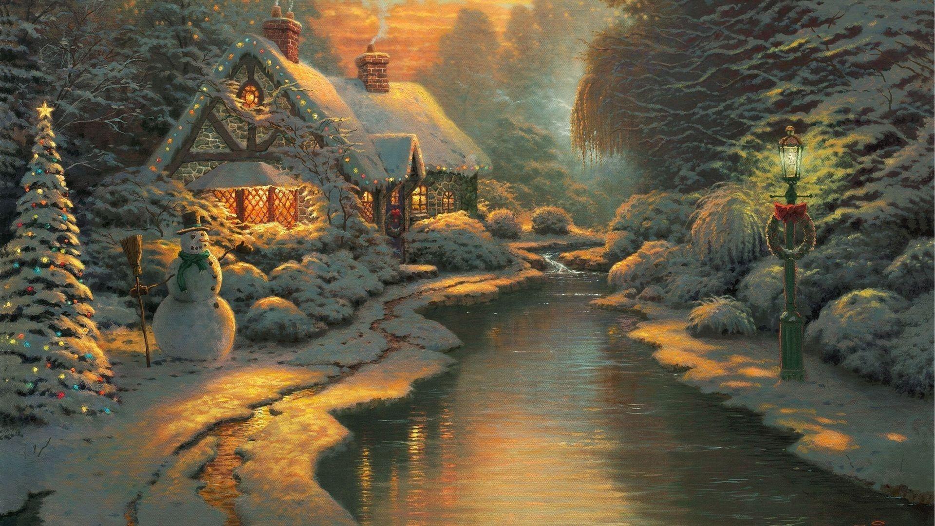 Cottage natalizio innevato con torrente, 1920x1080 Full HD, PC