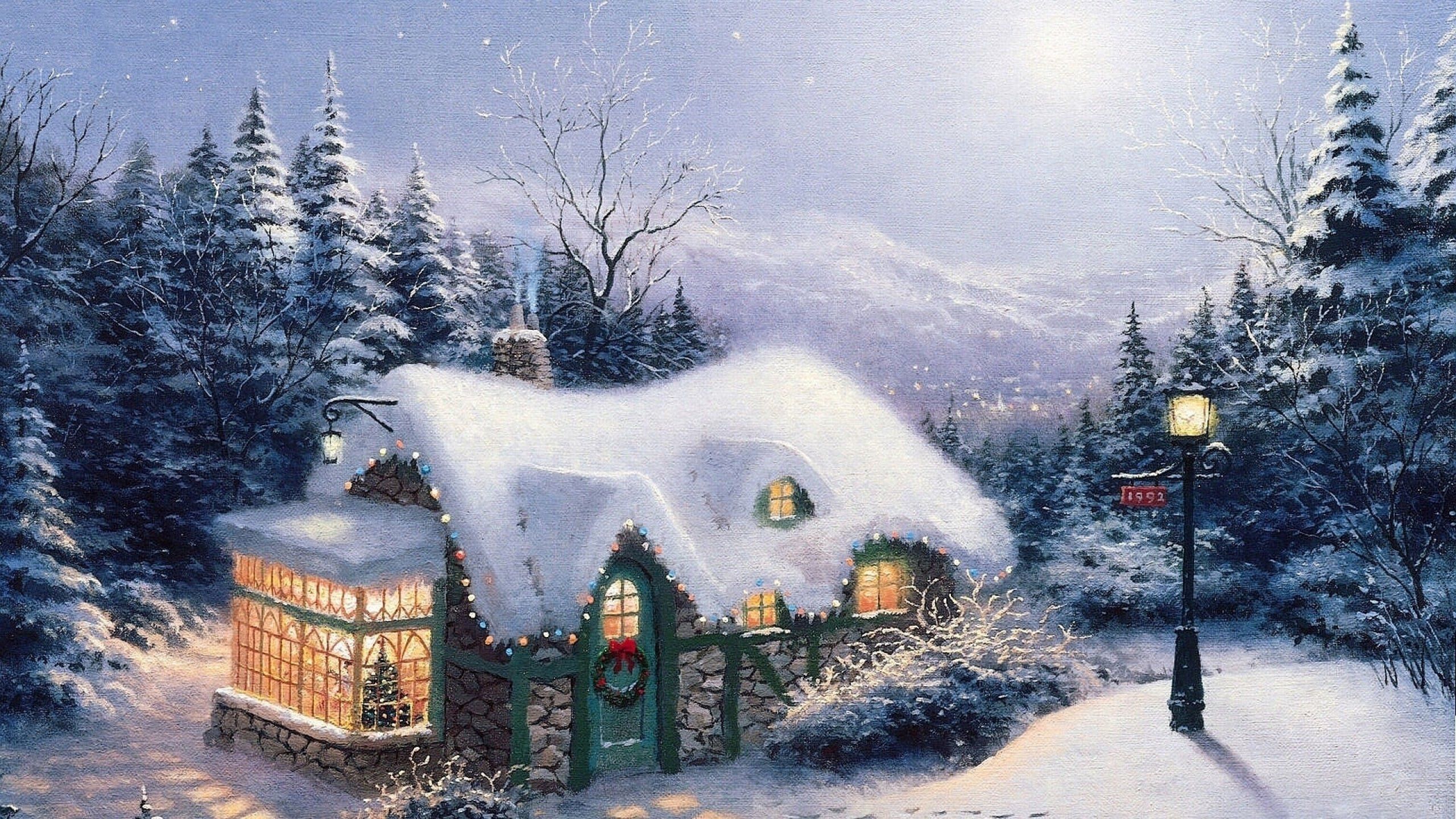 Cottage natalizio innevato illuminato, 2560x1440 2K QHD, PC