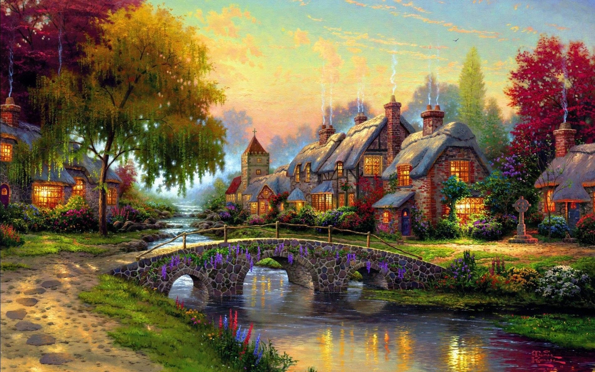 Cottage dipinto villaggio ponte, 1900x1188 HD Ready, iMac