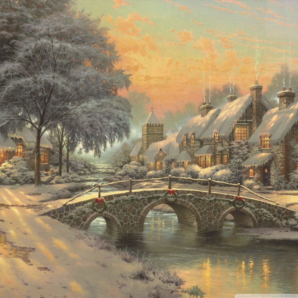 Villaggio innevato con ponte natalizio, 1024x1024 HD, Desktop