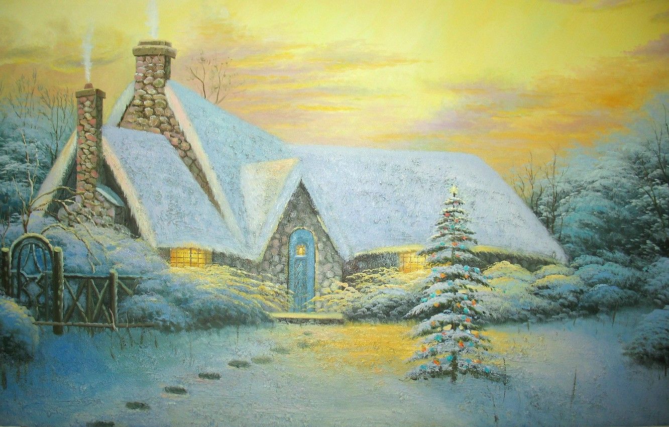 Cottage innevato dipinto natalizio, 1332x850 720p, Laptop