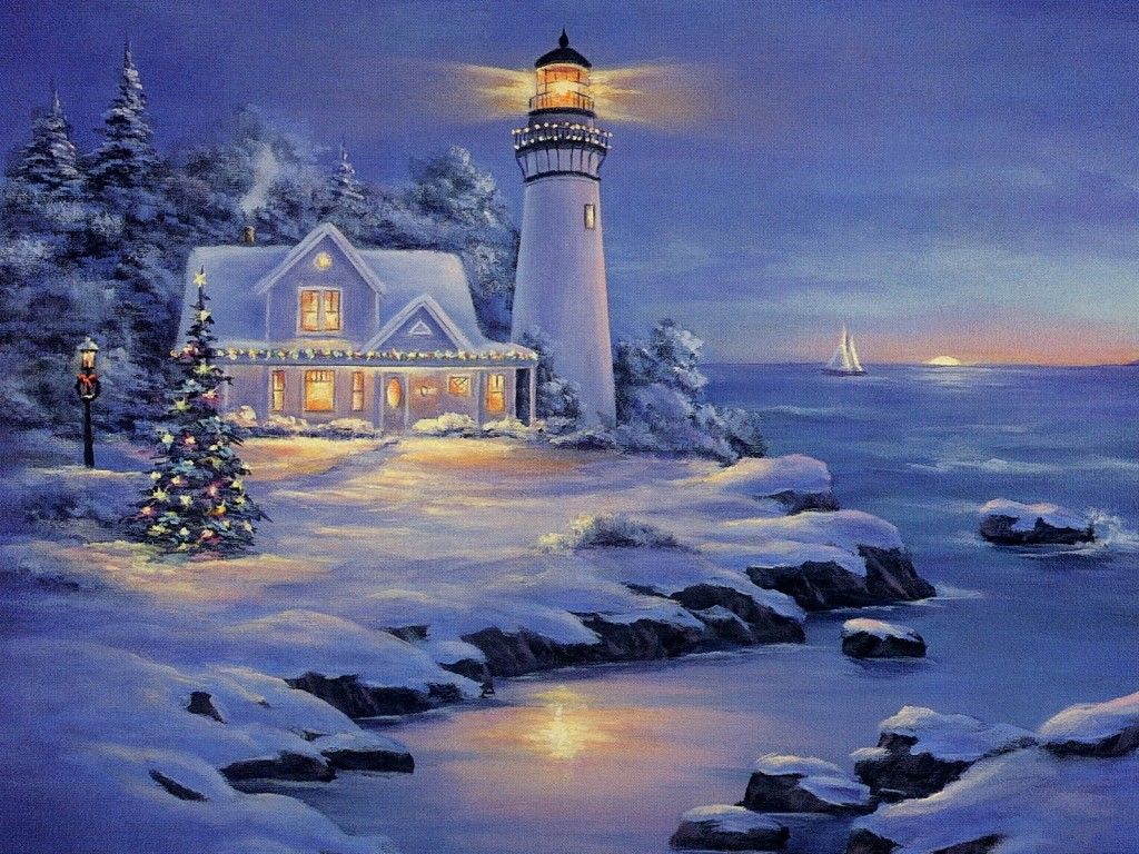 Faro natalizio innevato notturno, 1024x768 HD, Desktop