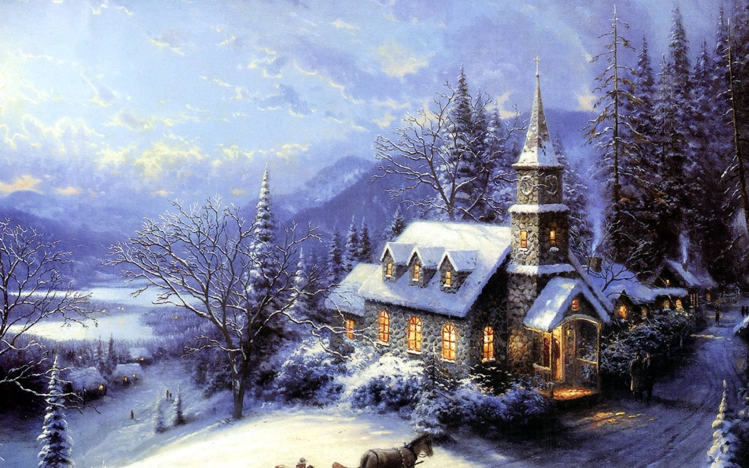 Chiesa innevata natalizia stile Kinkade, 2560x1600 2K+, MacBook Pro