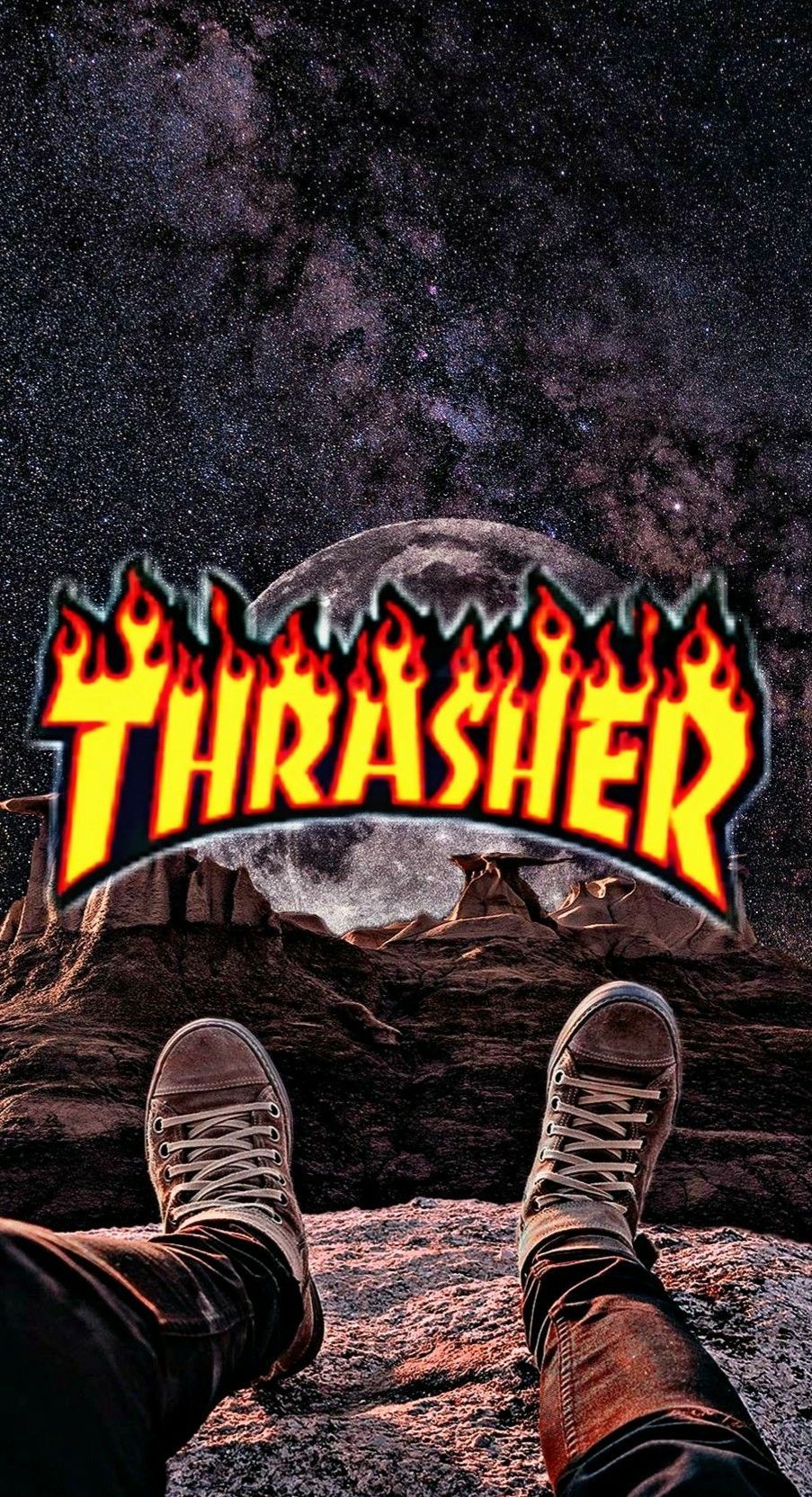 Logo Thrasher fiamme deserto notturno, 903x1664 Full HD Verticale, iPhone