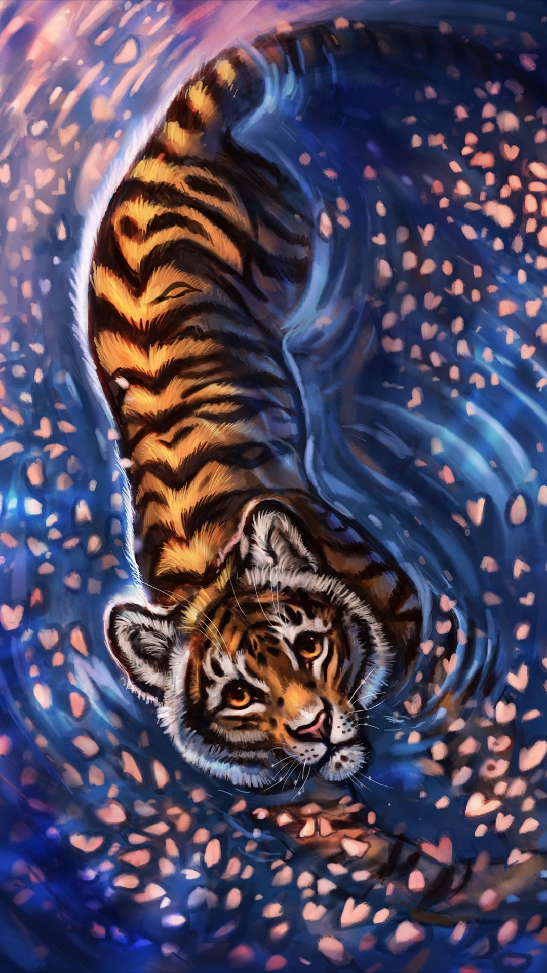 Tigre nell'acqua con petali, 1080x1920 Full HD Verticale, Samsung Galaxy