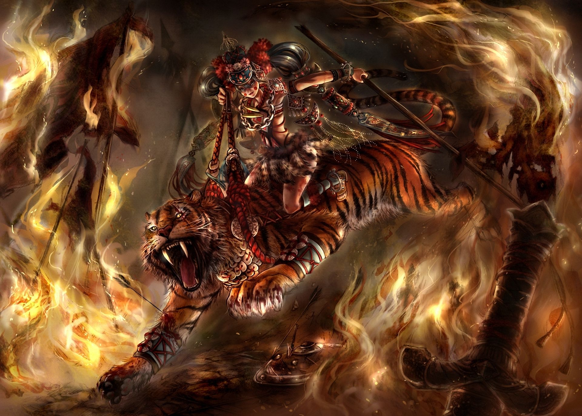 Guerriera su tigre tra fiamme, 1920x1373 Full HD+ WUXGA, PC Desktop
