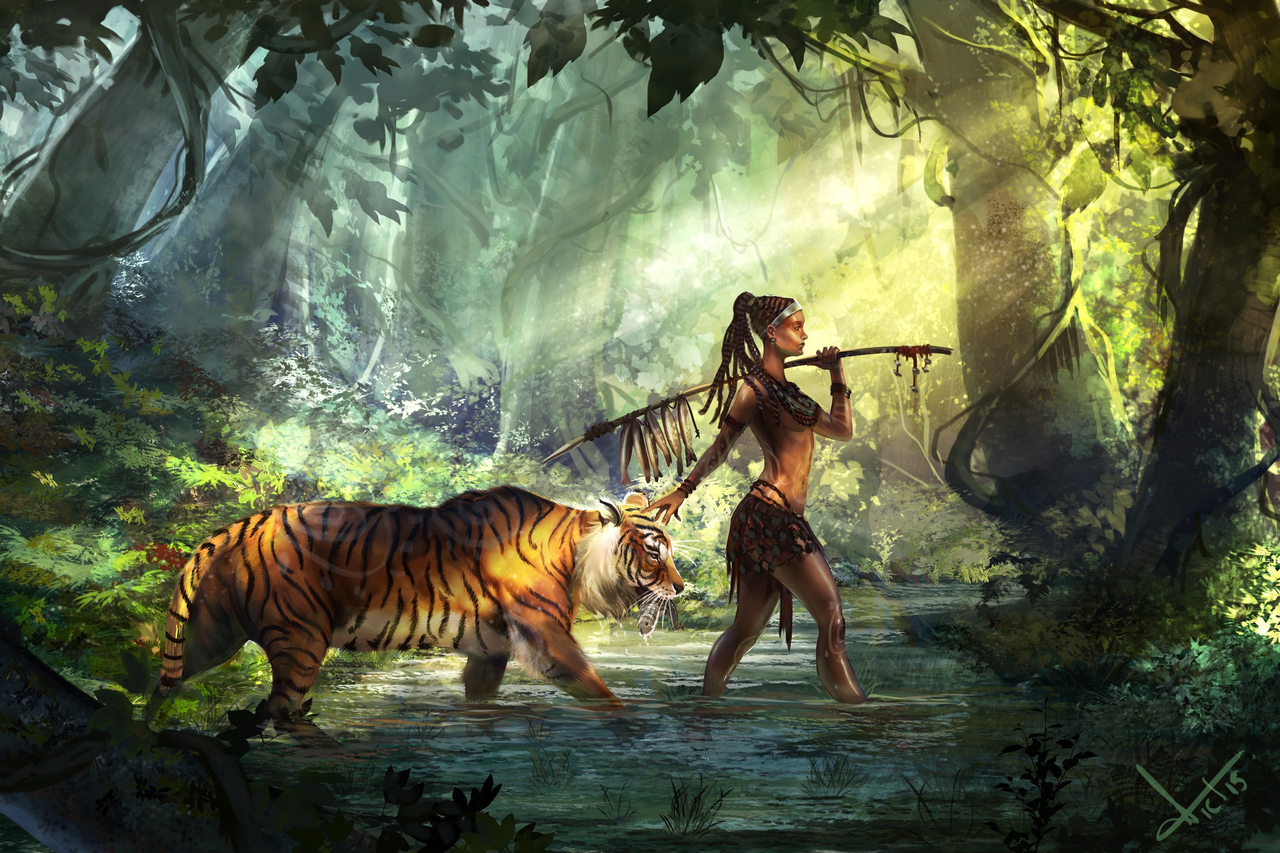 Guerriera con tigre nella giungla, 4320x2880 4K Ultra HD, Monitor 4K