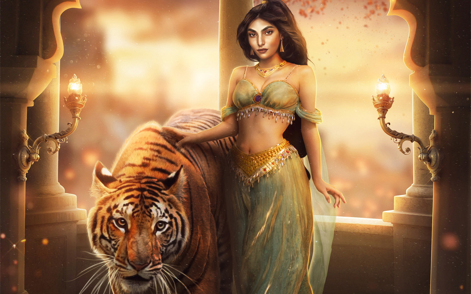 Guerriera con tigre fantasy, 3744x1932 2K+, PC