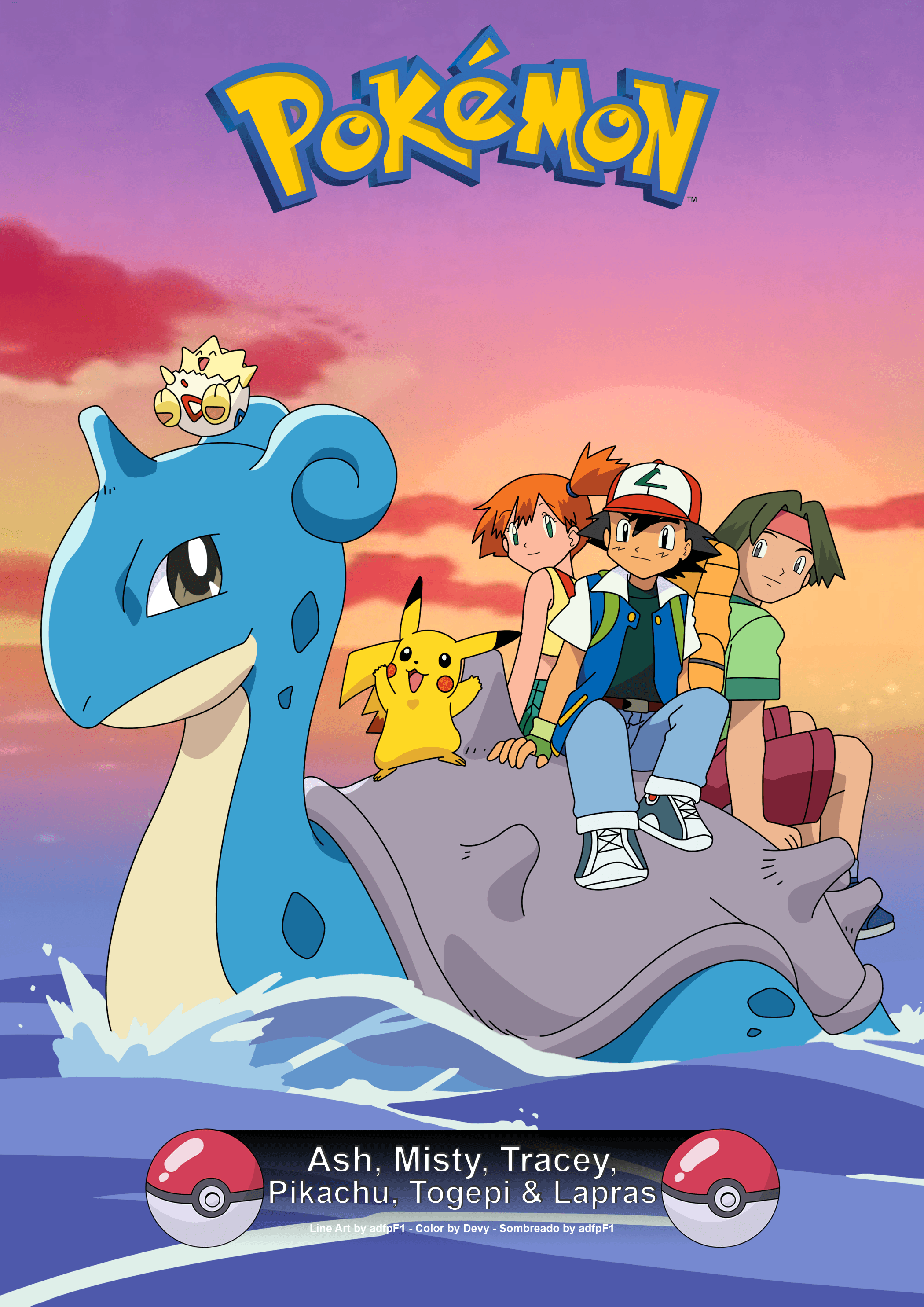 Ash Misty Tracey Pikachu Togepi Lapras, Pokémon, 2100x2970 Verticale, Telefono