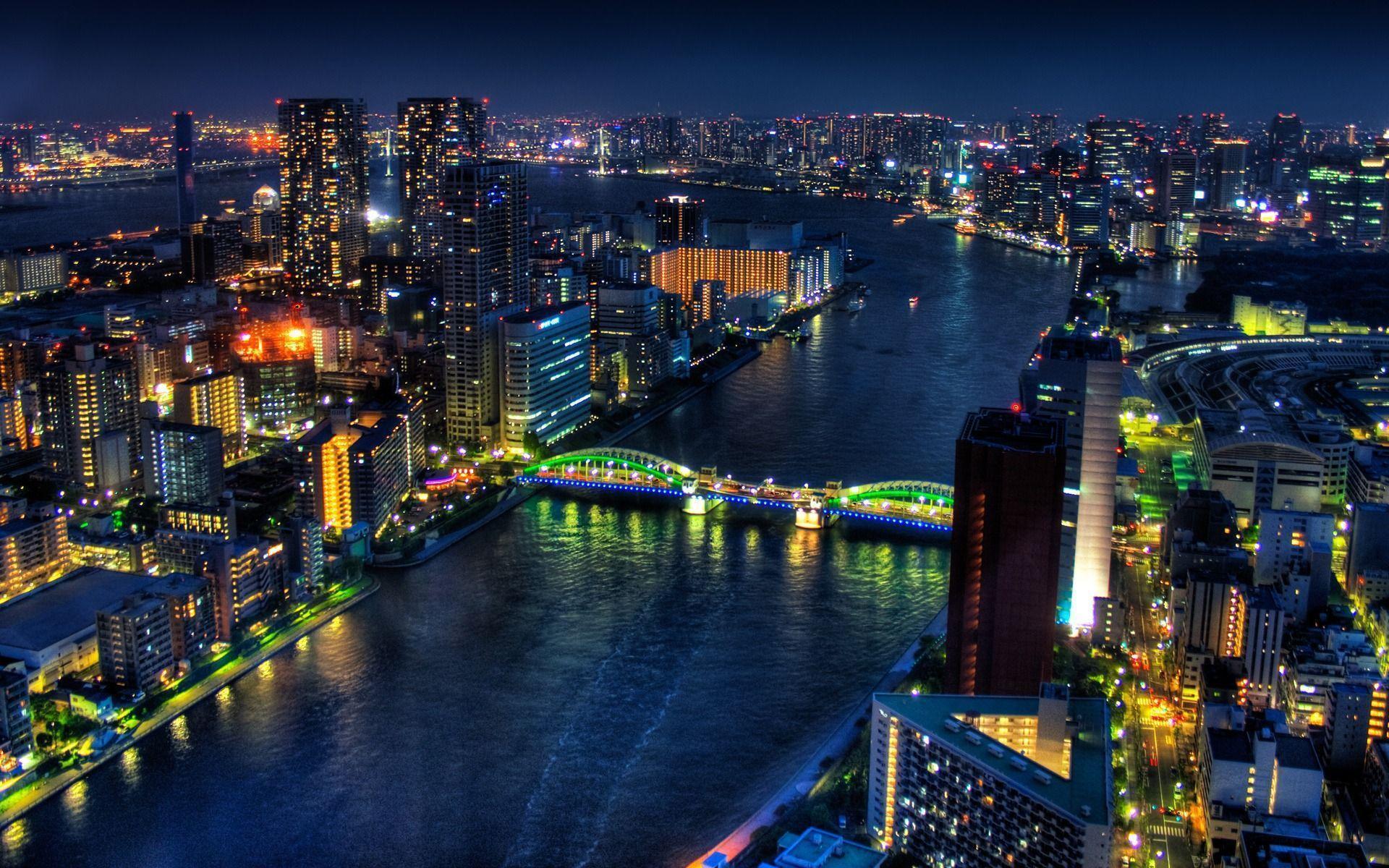 Tokyo skyline notturno fiume, 1920x1200 Full HD+, Desktop