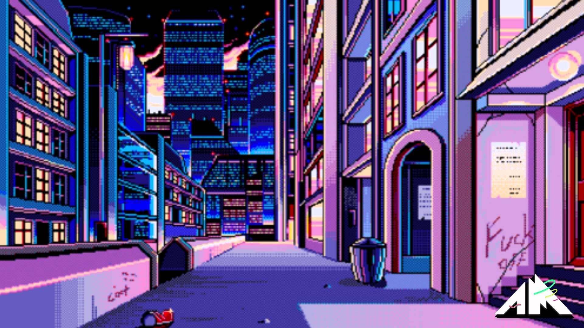 Vicolo pixel art vaporwave notturno, 1920x1080 1080p, PC Desktop