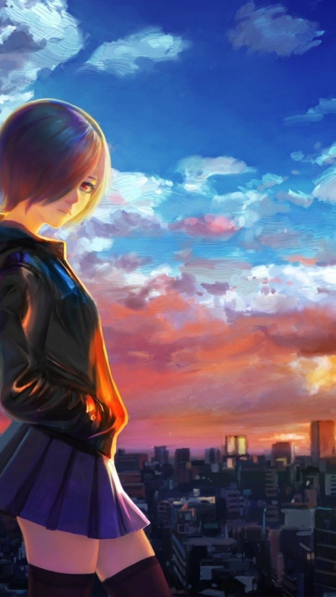 Personaggio anime skyline tramonto, 1080x1920 Verticale, iPhone Air