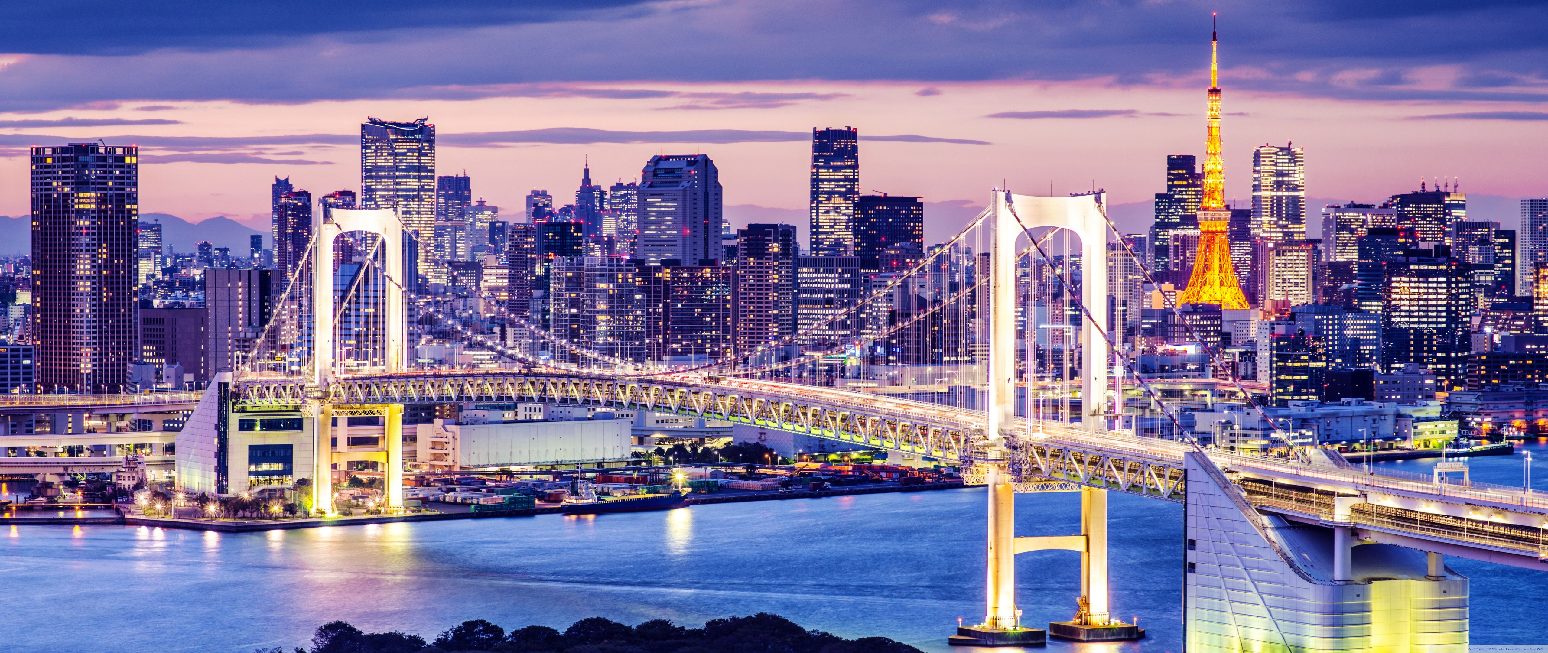 Rainbow Bridge, Tokyo skyline notturno, 5120x2160 Ultrawide, Smart TV 4K