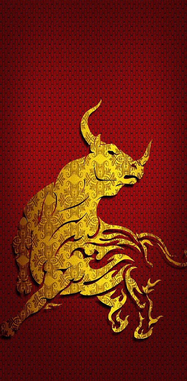 Toro dorato ornamentale su rosso, 630x1280 Verticale, Mobile