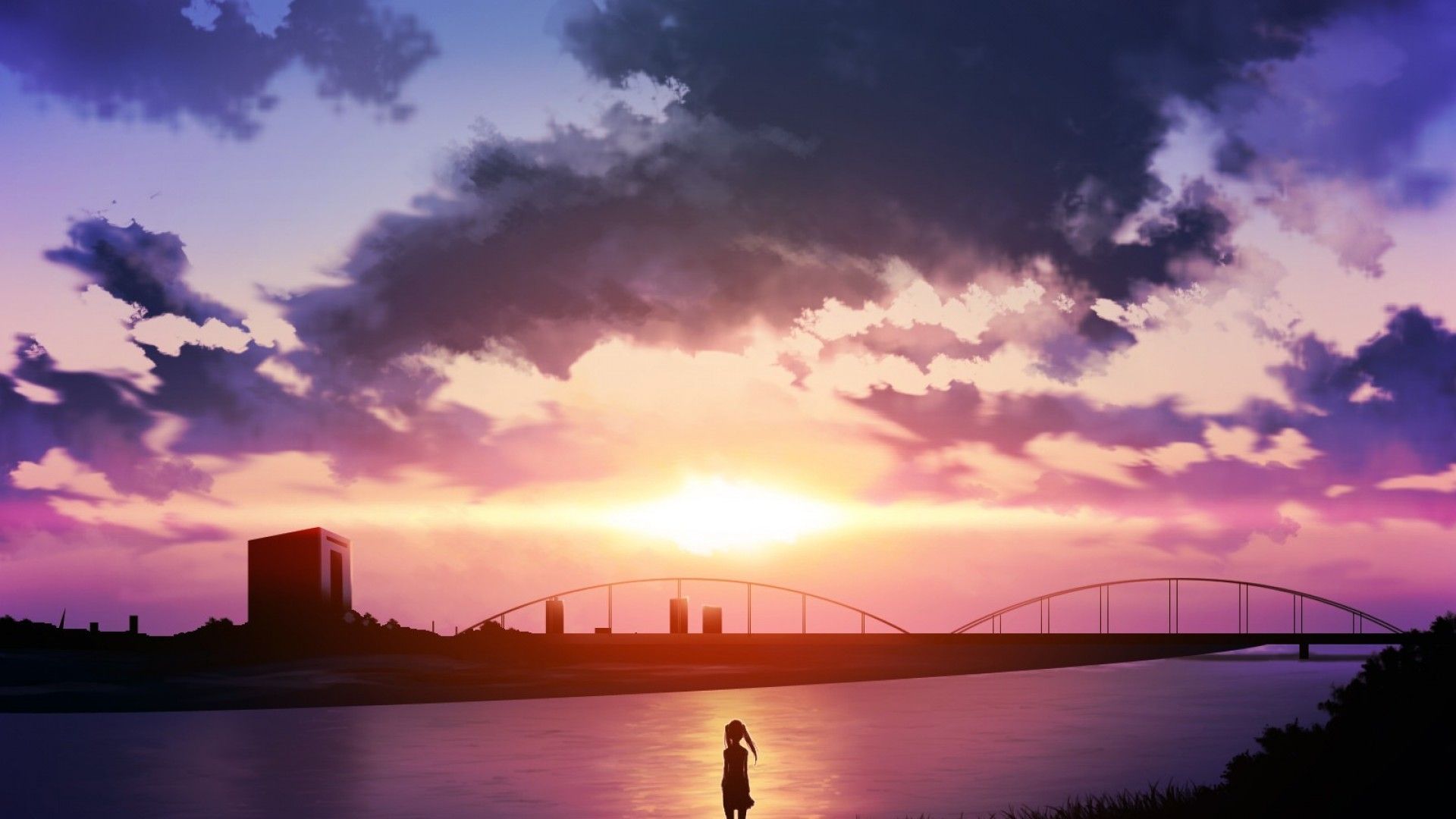 Tramonto anime su fiume con ponte, 1920x1080 1080p, PC