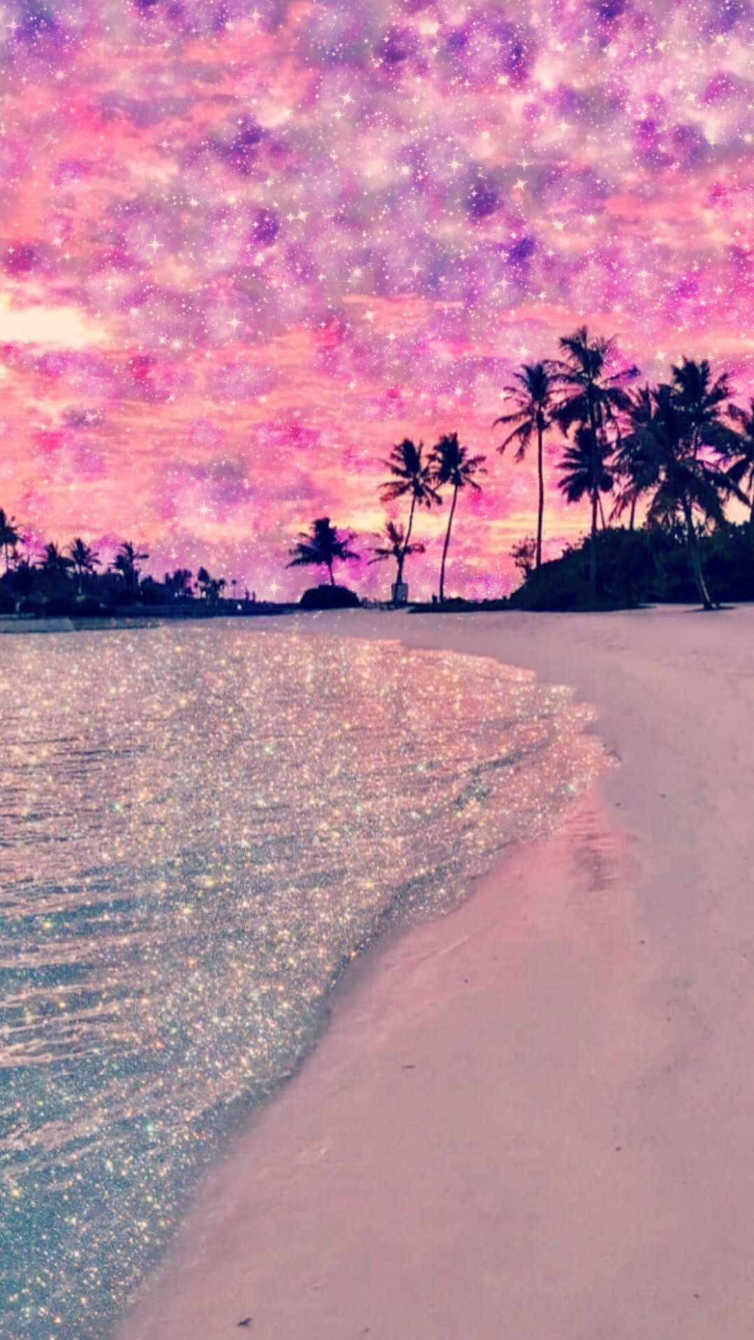Spiaggia tropicale tramonto glitter viola, 1080x1917 Verticale, Telefono