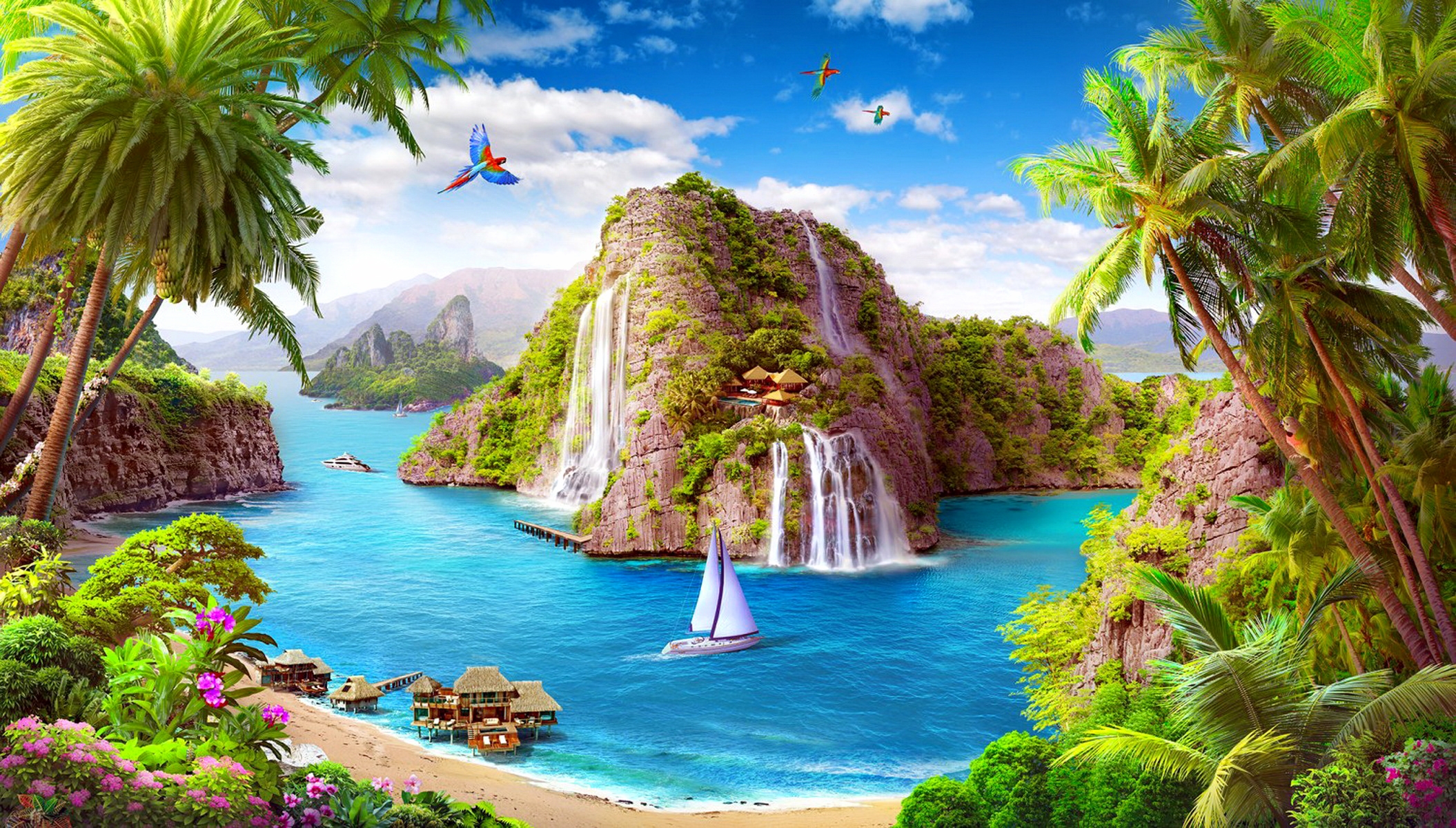 Isola tropicale con cascata, 2110x1200 alta risoluzione, Laptop