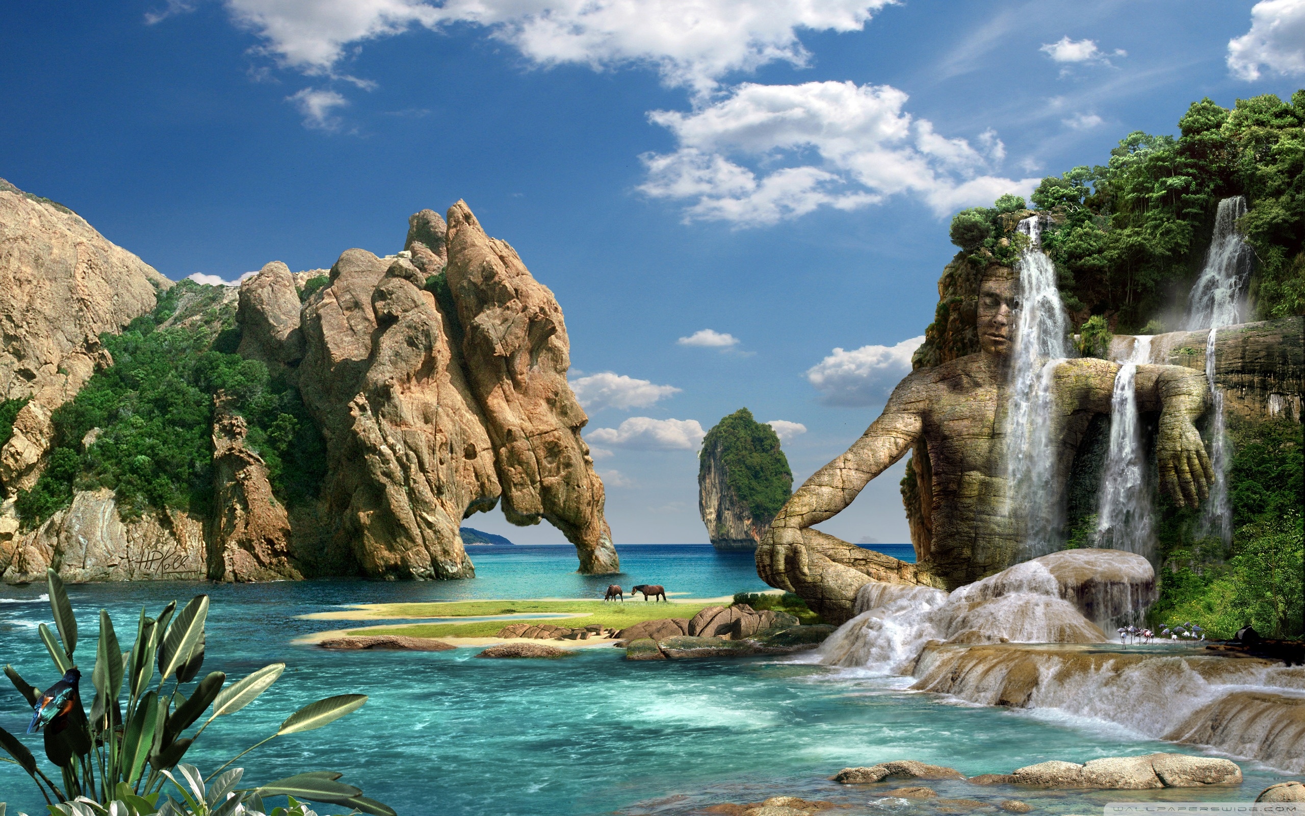 Cascata tropicale con scogliere e mare, 2560x1600 2K, Desktop