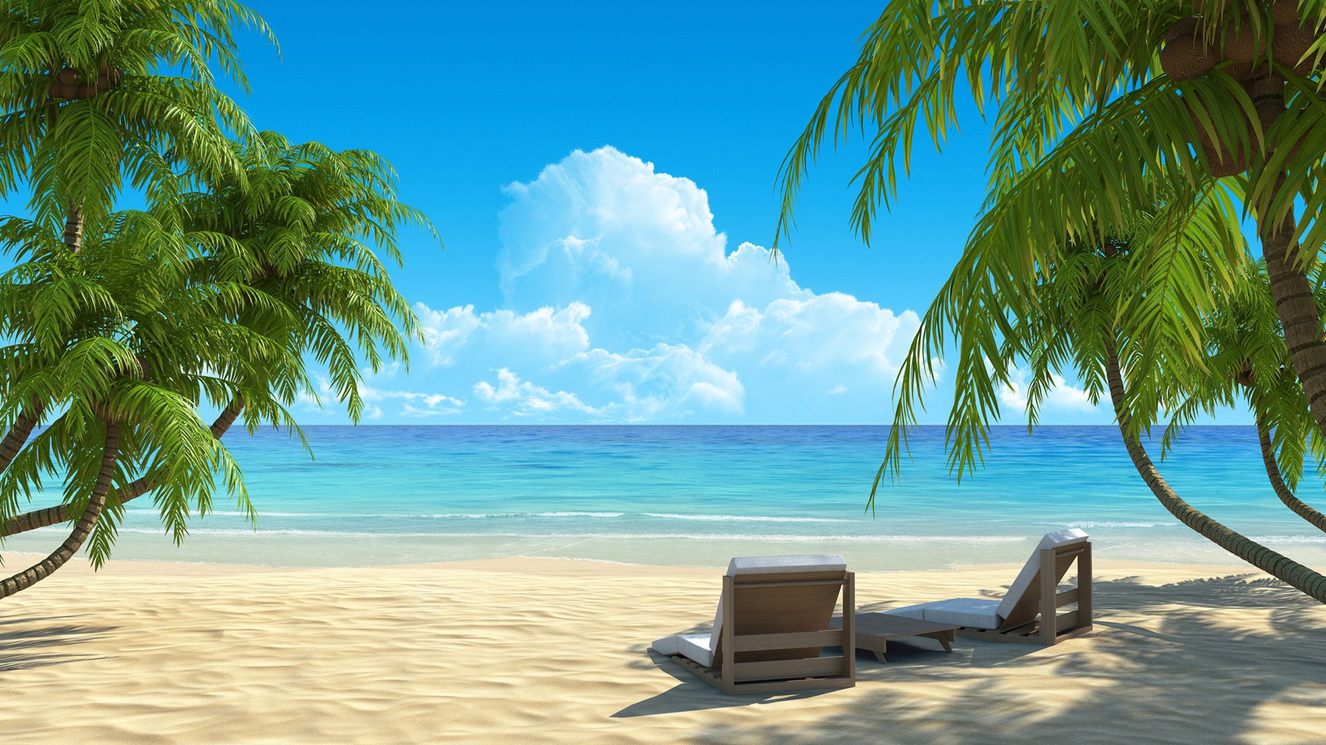Spiaggia tropicale con palme e sedie, 1920x1080 Full HD 1080p, Laptop