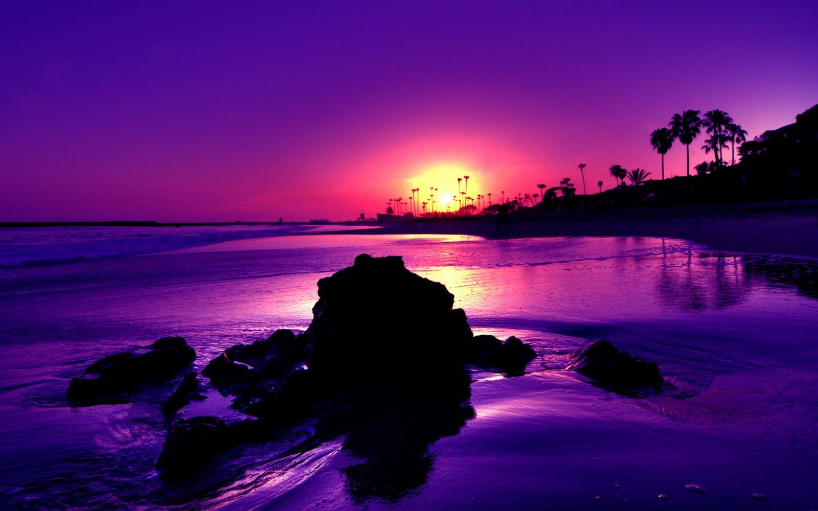 Tramonto viola spiaggia rocce, 1600x1000 HD, PC