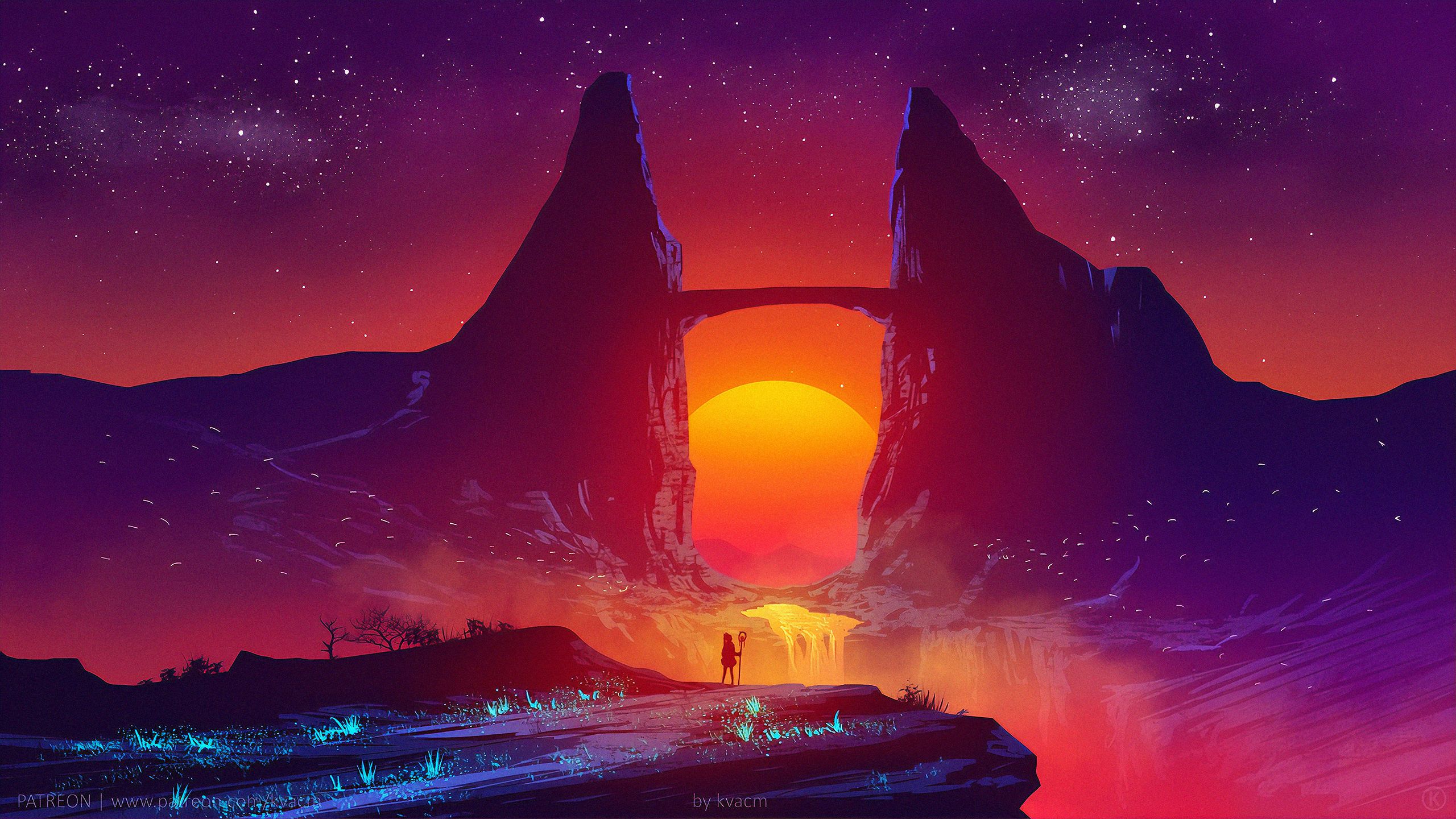 Tramonto tra montagne con ponte, 2560x1440 2K, Desktop