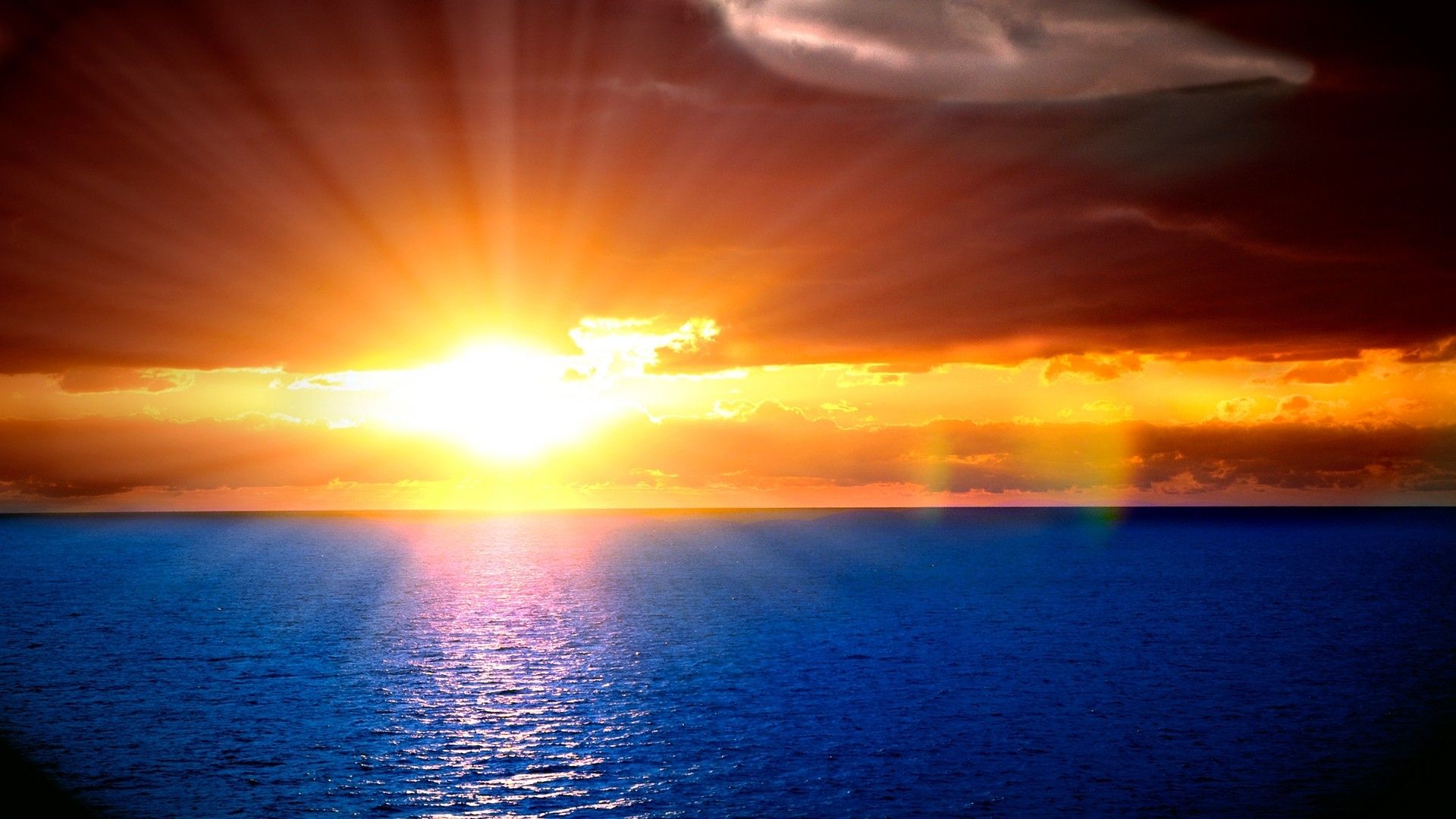 Tramonto sul mare, sole splendente, 1920x1080 Full HD 1080p, PC Desktop