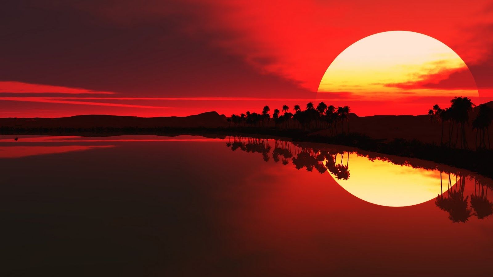 Tramonto rosso su lago, 1600x900 HD Ready, PC