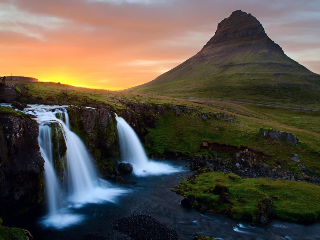 Cascata montagna tramonto Islanda, 1024x768 HD, Desktop