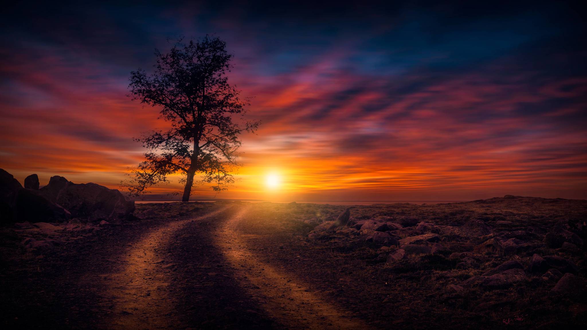 Tramonto strada sterrata albero, 2048x1152 alta risoluzione, Desktop