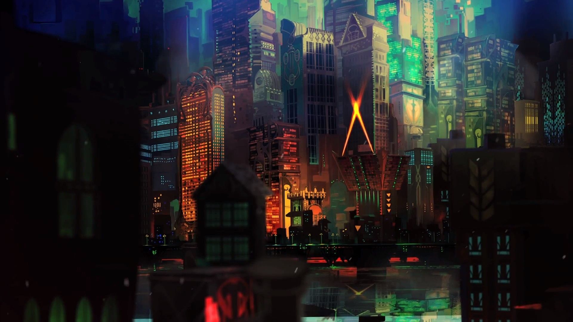 Skyline notturno Transistor artwork, 1920x1080 1080p, PC