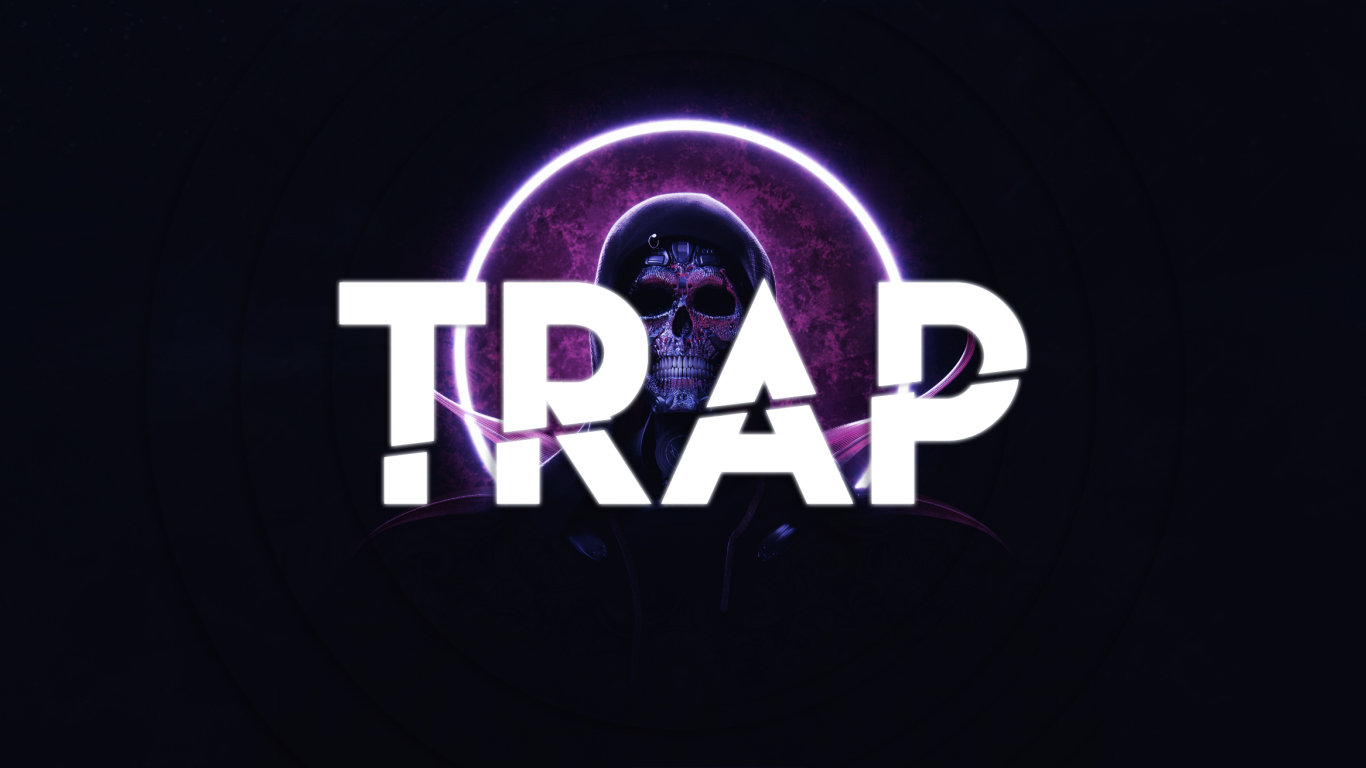 Teschio con cappuccio, testo TRAP, 1366x768 720p, PC